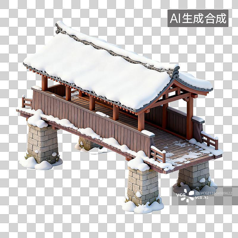 【AI数字艺术】冬日覆雪的传统中式桥梁图片素材