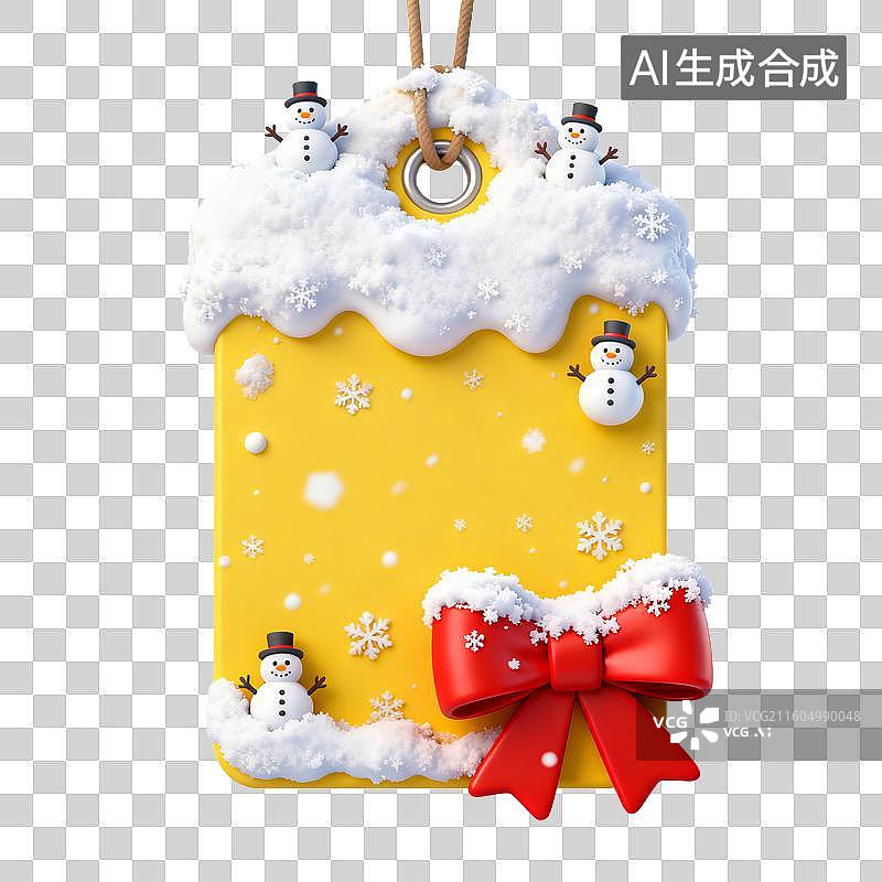 【AI数字艺术】带雪人红色蝴蝶结的黄色节日标签图片素材