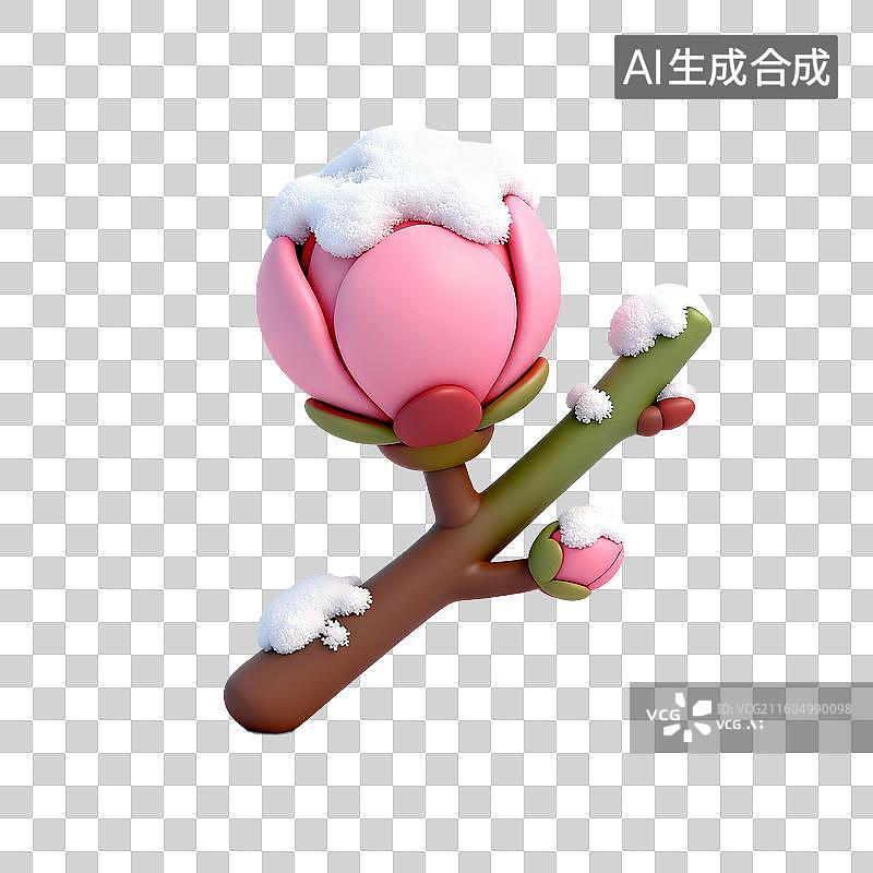 【AI数字艺术】带雪的粉色花蕾3D可爱风格图片素材