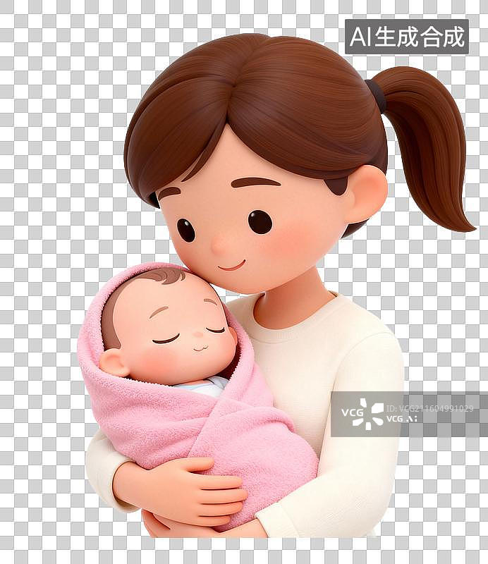 【AI数字艺术】女人怀抱被粉色毯子包裹的熟睡婴儿图片素材