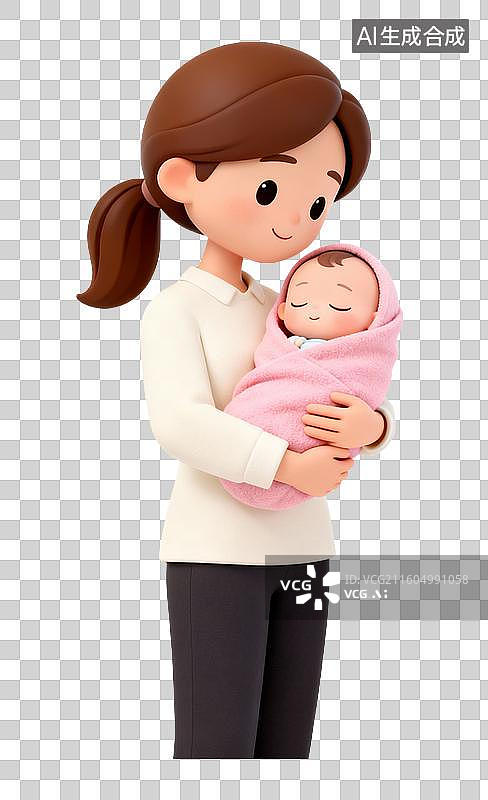 【AI数字艺术】女人怀抱被粉色毯子包裹的熟睡婴儿图片素材