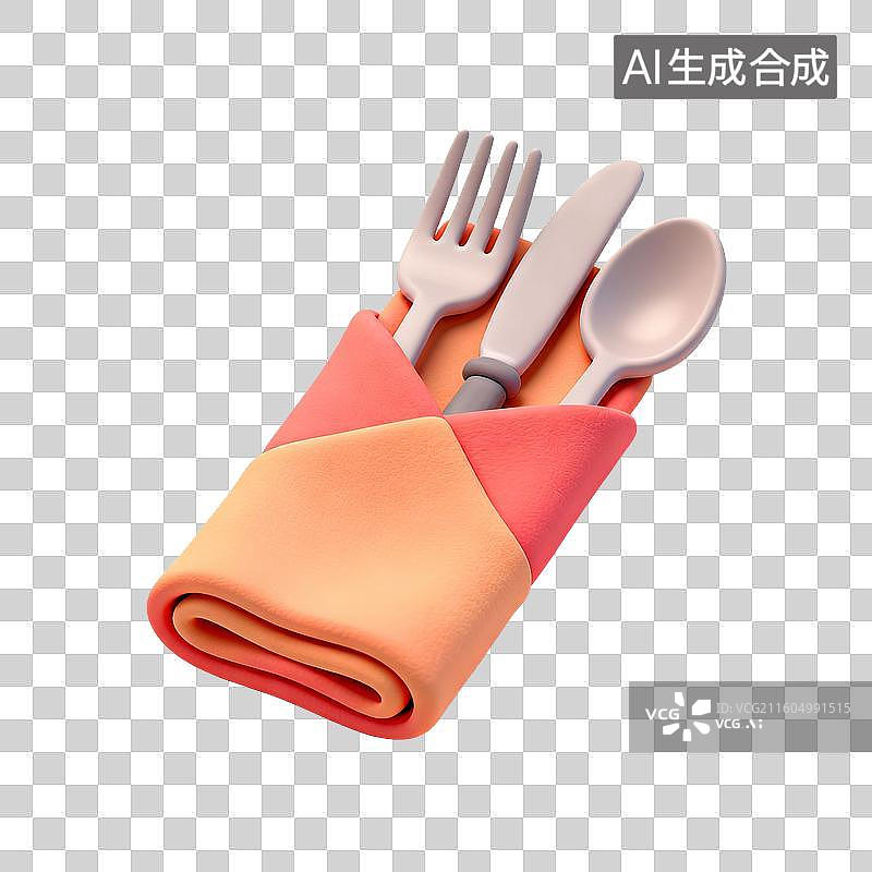 【AI数字艺术】橙粉色餐巾包裹的刀叉勺餐具图片素材