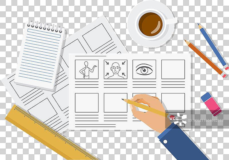 画好的故事板，配有一杯咖啡图片素材