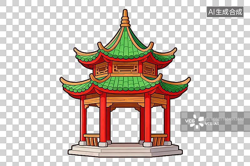 【AI数字艺术】卡通风格，传统古建筑，一座凉亭PNG格式的免扣元素图片素材