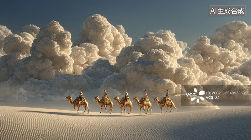 【AI数字艺术】沙漠驼队行进于云海之下图片素材