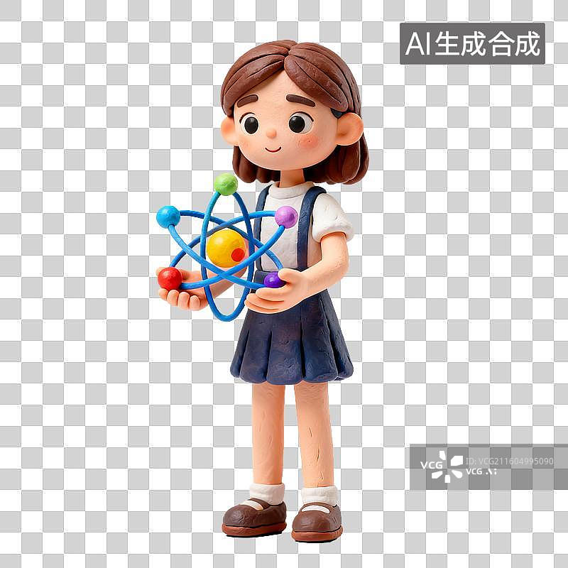【AI数字艺术】手持原子模型的卡通科学女孩图片素材