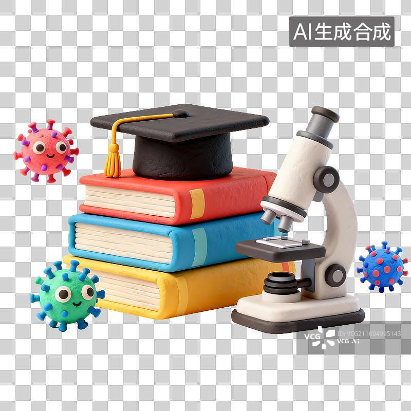 【AI数字艺术】与教育科学相关的显微镜书籍与病毒模型图片素材
