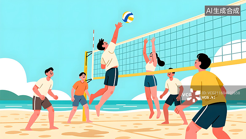 【AI数字艺术】青年团队在沙滩上进行排球竞赛图片素材