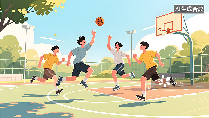 【AI数字艺术】男生在户外篮球场进行活力比赛图片素材