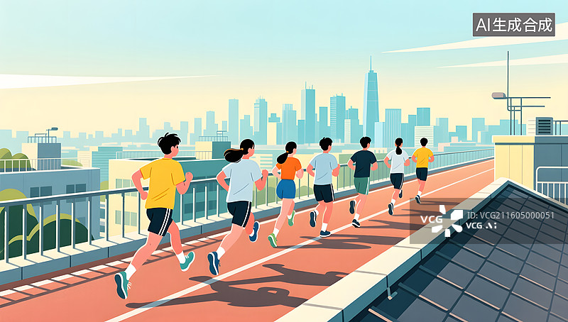 【AI数字艺术】青年在屋顶跑道上进行活力训练图片素材