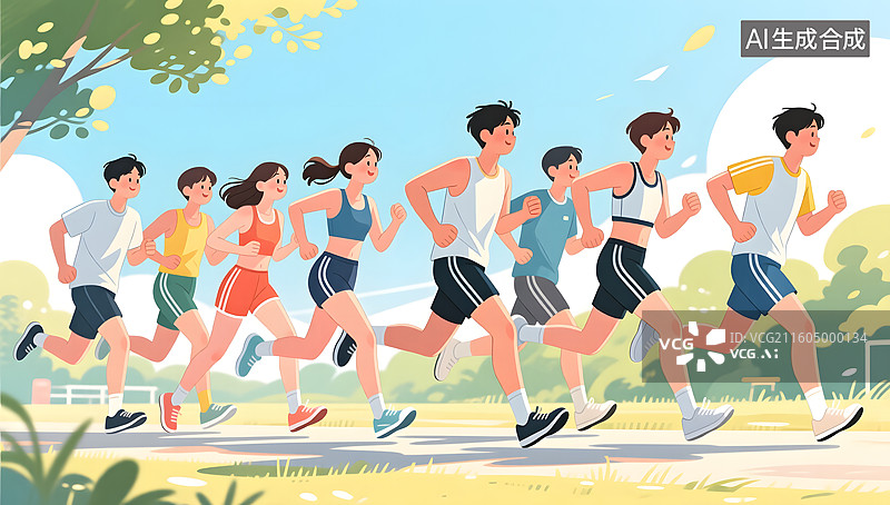 【AI数字艺术】年轻男女在夏日街道上奋力奔跑图片素材