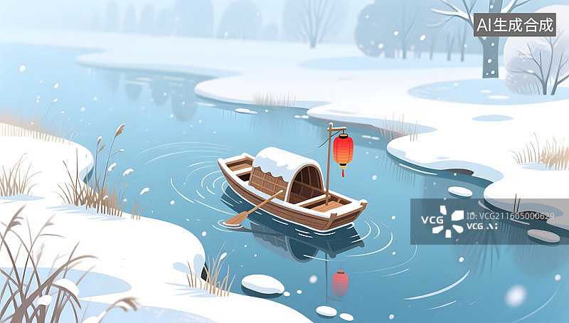 【AI数字艺术】冬日河面小船漂浮温暖治愈画面图片素材