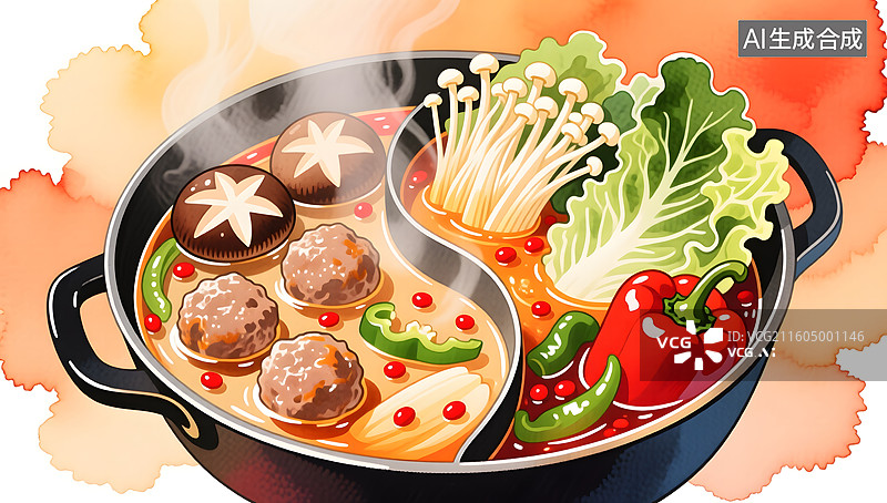 【AI数字艺术】冬日火锅热腾腾温暖美食插画图片素材