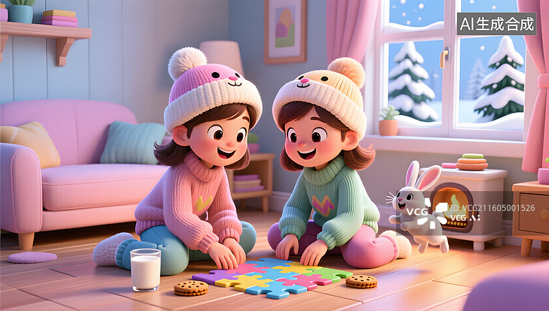 【AI数字艺术】冬日姐妹开心地拼图时光图片素材