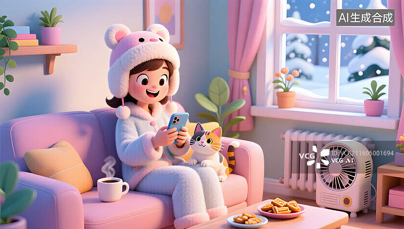 【AI数字艺术】冬日房间女孩开心用手机购物图片素材