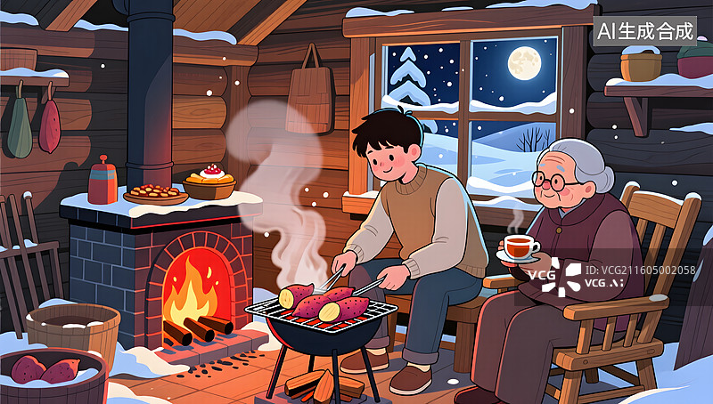【AI数字艺术】冬夜小木屋烤红薯温暖场景图片素材