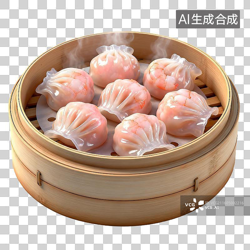 【AI数字艺术】竹制蒸笼里的鲜美虾饺图片素材