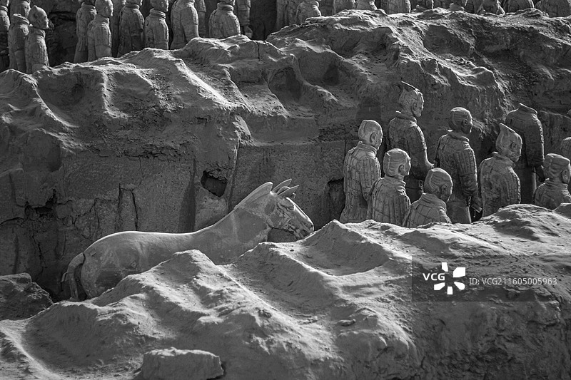 陕西西安秦始皇帝陵博物院展出的秦代 秦始皇兵马俑一号坑 人和马(黑白)图片素材