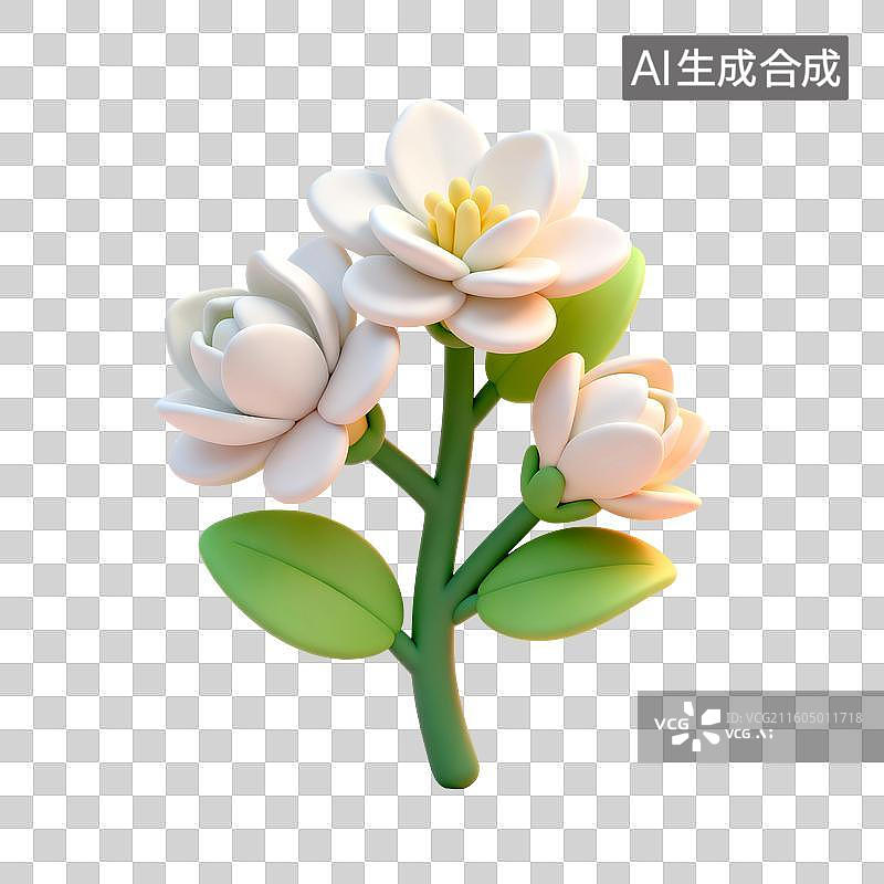 【AI数字艺术】3D渲染，茉莉花，茉莉花茶，茉莉花与蝴蝶，卡通植物花卉免抠元素图片素材