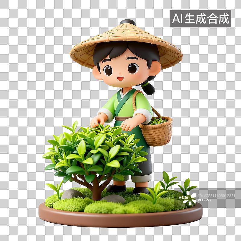 【AI数字艺术】3D拟物风格二十四节气春天谷雨元素采茶叶图片素材