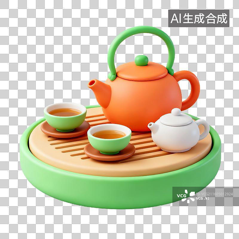 【AI数字艺术】3D拟物风格二十四节气春天谷雨元素春茶品茶茶壶茶杯图片素材