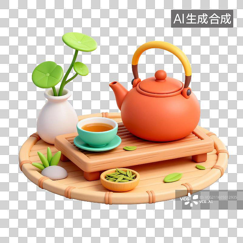 【AI数字艺术】3D拟物风格二十四节气春天谷雨元素春茶品茶茶壶茶杯图片素材