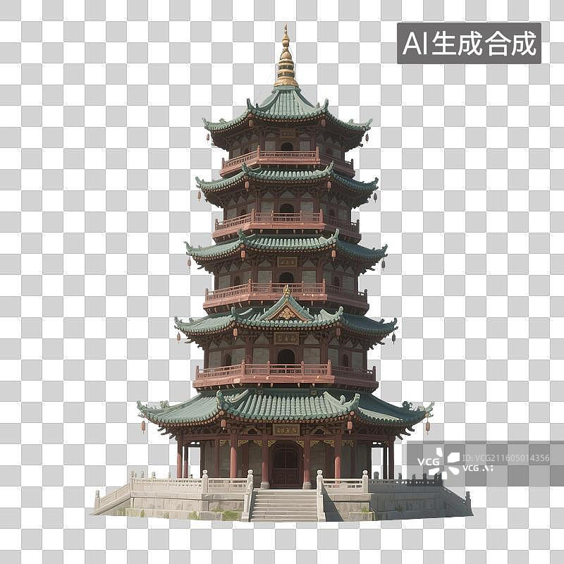 【AI数字艺术】国潮风手绘插画，中国古代楼阁，宝塔，中式古代建筑，凉亭，亭台楼阁，园林景观，免抠元素图片素材