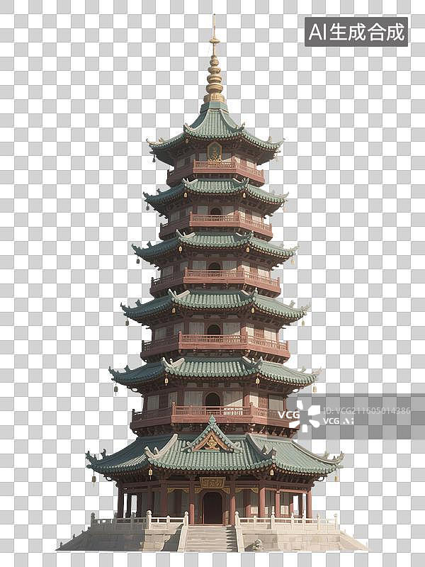 【AI数字艺术】国潮风手绘插画，中国古代楼阁，宝塔，中式古代建筑，凉亭，亭台楼阁，园林景观，免抠元素图片素材