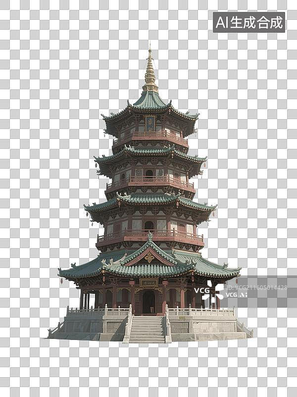 【AI数字艺术】国潮风手绘插画，中国古代楼阁，宝塔，中式古代建筑，凉亭，亭台楼阁，园林景观，免抠元素图片素材