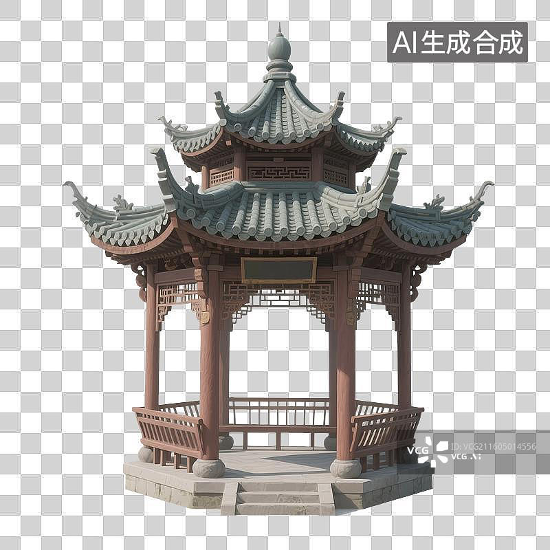 【AI数字艺术】国潮风手绘插画，中国古代楼阁，宝塔，中式古代建筑，凉亭，亭台楼阁，园林景观，免抠元素图片素材