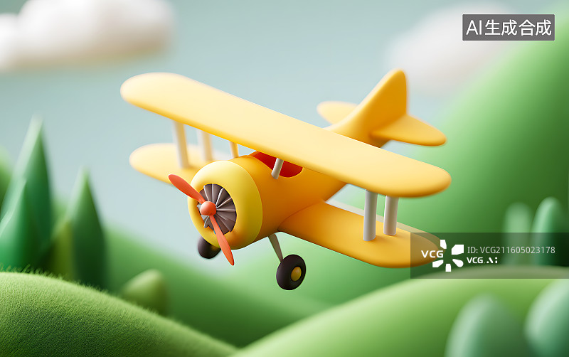 【AI数字艺术】一辆小飞机飞在绿色森林上图片素材