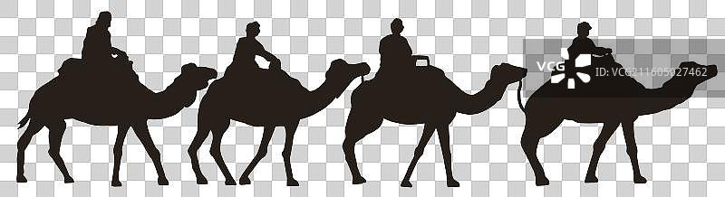 彩色插画手绘剪影驼队骆驼沙漠横构图穿越免扣元素图片素材