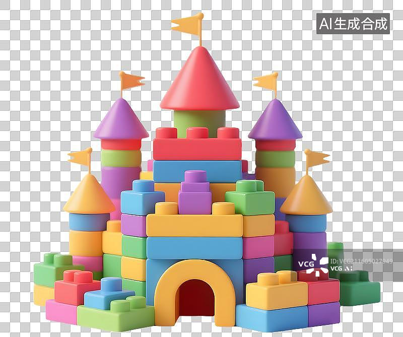 【AI数字艺术】AIGC：3D积木堆成的儿童城堡，儿童玩具，儿童节，设计元素，免抠图形图片素材