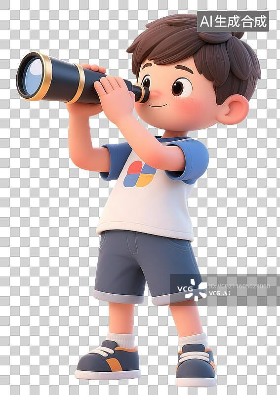 【AI数字艺术】AIGC：3D卡通手拿望远镜的小男孩，儿童节，小学生，设计元素免抠图形图片素材