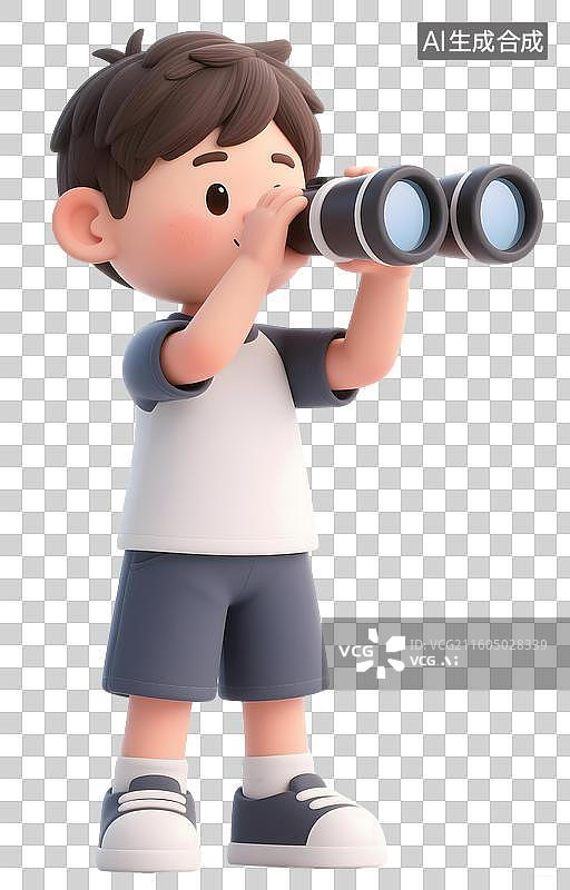 【AI数字艺术】AIGC：3D卡通手拿望远镜的小男孩，儿童节，小学生，设计元素免抠图形图片素材