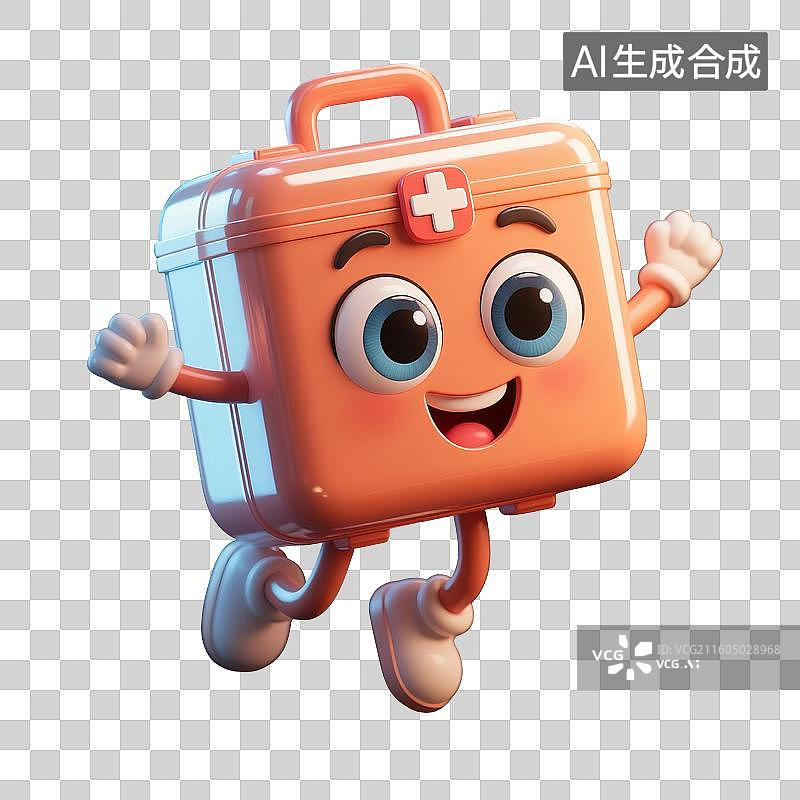 【AI数字艺术】3D渲染卡通医疗用品，拟人风格，急救箱，医药箱，医院医疗医药安全保险，图形图标，免抠元素图片素材