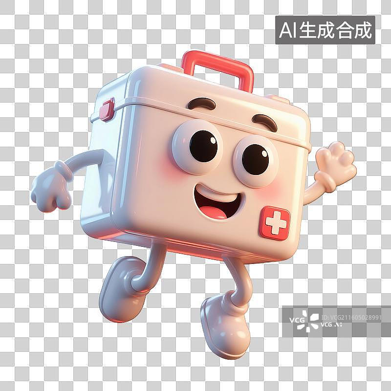 【AI数字艺术】3D渲染卡通医疗用品，拟人风格，急救箱，医药箱，医院医疗医药安全保险，图形图标，免抠元素图片素材
