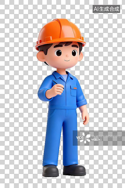 【AI数字艺术】头带橘色安全帽，身穿蓝色工作服的工人，3D免抠元素图片素材