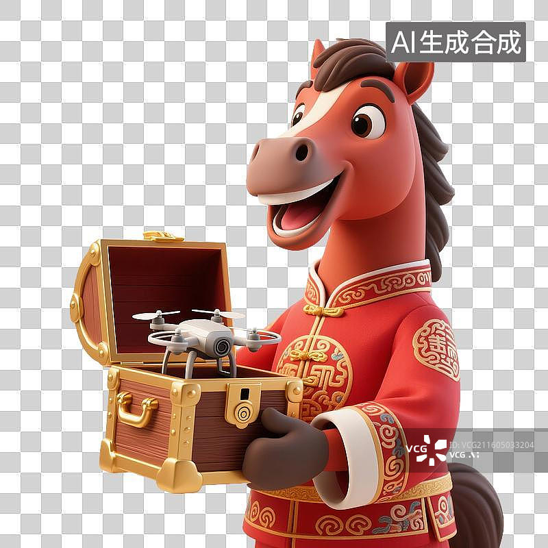 【AI数字艺术】身着传统服饰的卡通马展示宝箱图片素材