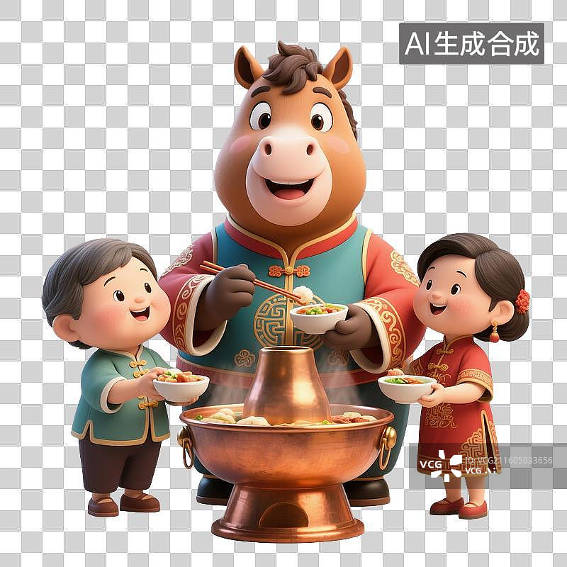 【AI数字艺术】卡通马与孩童欢乐享火锅图片素材