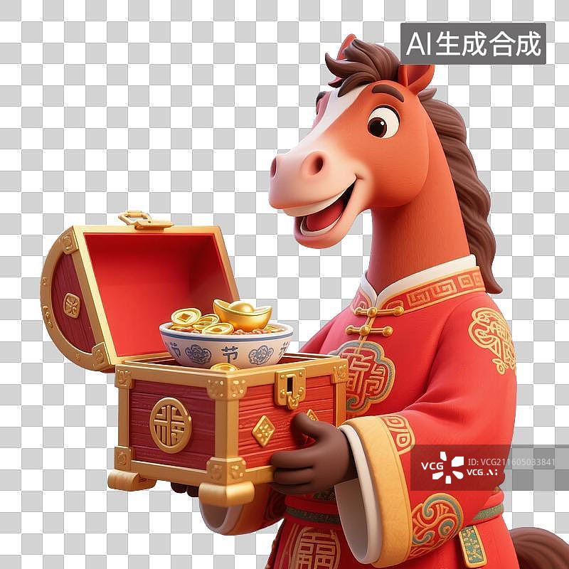 【AI数字艺术】卡通马手持装满金锭的宝箱图片素材