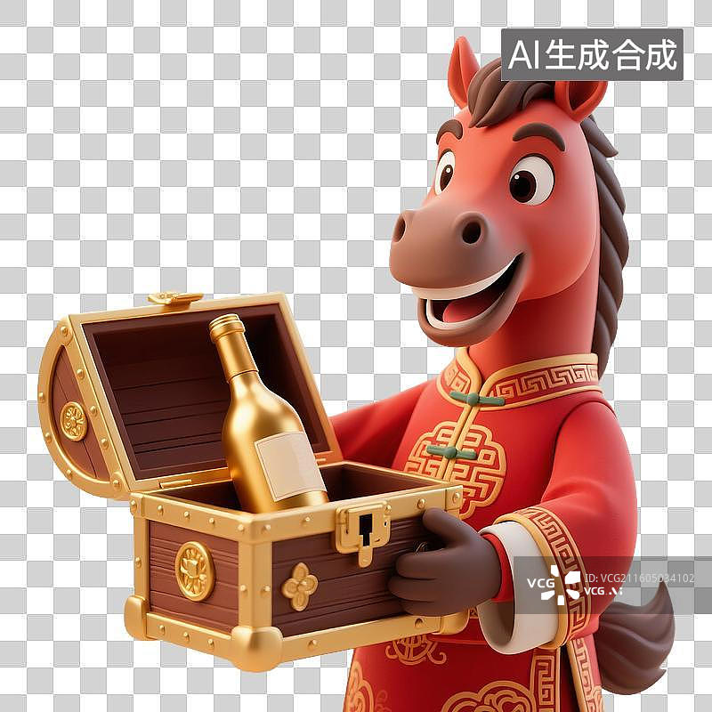 【AI数字艺术】穿着传统服饰的卡通马展示宝箱图片素材