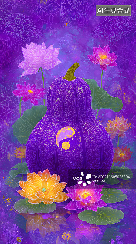 【AI数字艺术】紫韵葫芦莲池间阴阳符号尽显奇幻禅意韵味图片素材