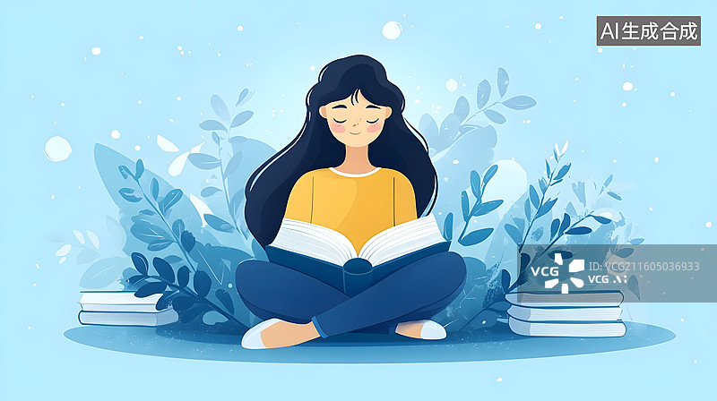 【AI数字艺术】读书的女孩读书日学习插画图片素材