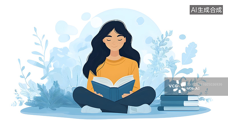 【AI数字艺术】读书的女孩读书日学习插画图片素材