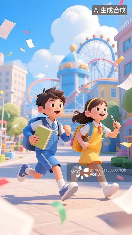 【AI数字艺术】背着书包去上学的两个小学生图片素材