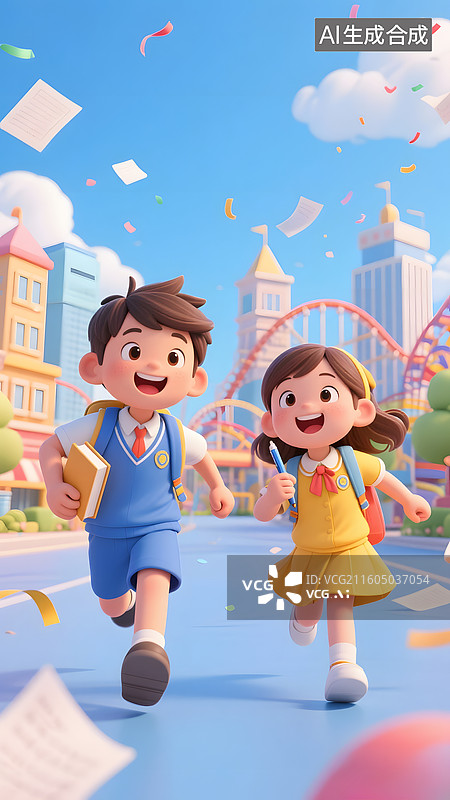 【AI数字艺术】背着书包去上学的两个小学生图片素材