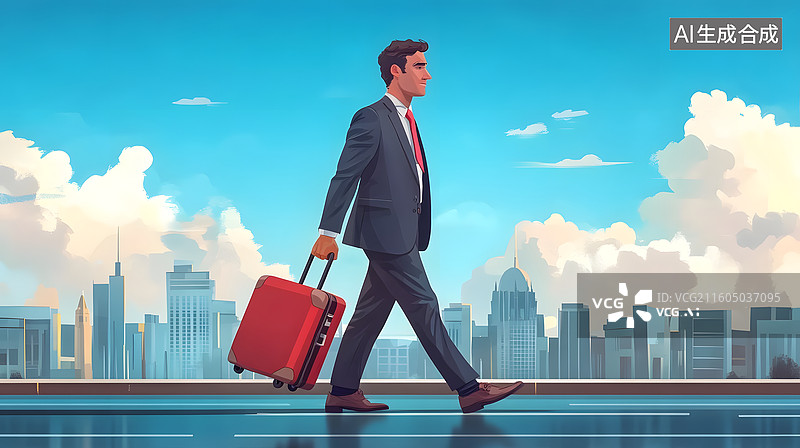 【AI数字艺术】扁平化风拖着行李箱行走的商务人士图片素材