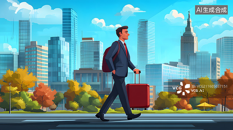 【AI数字艺术】扁平化风拖着行李箱行走的商务人士图片素材