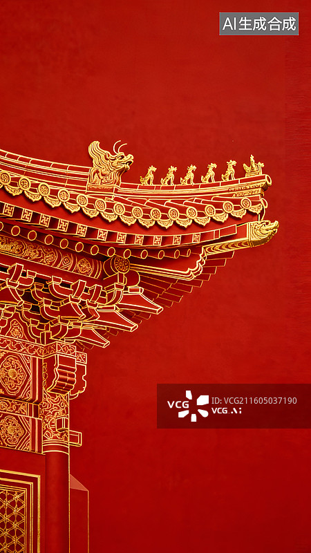 【AI数字艺术】红色背景上的中式古建筑屋檐图案图片素材